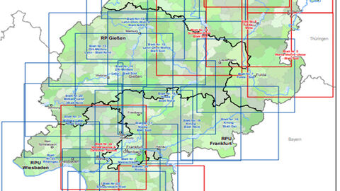 Blattschnitt Übersicht Ausschnitt Hessenkarte mit eingezeichneten Karten